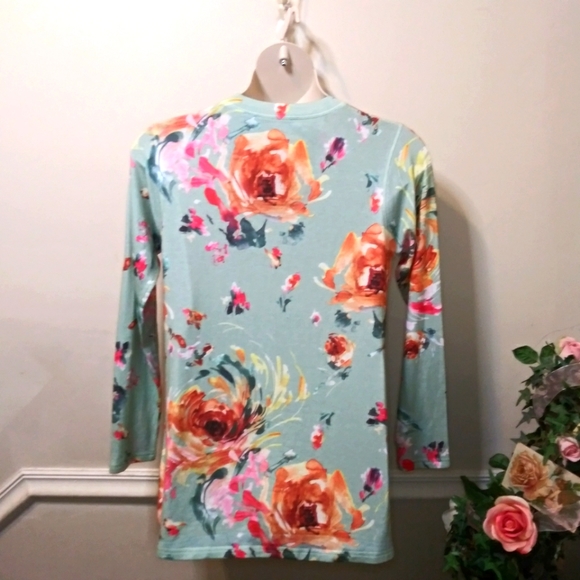Soft Surroundings Mint Watercolor Rose Design Sweater Knit Delphina Tunic Top - Picture 3 of 6